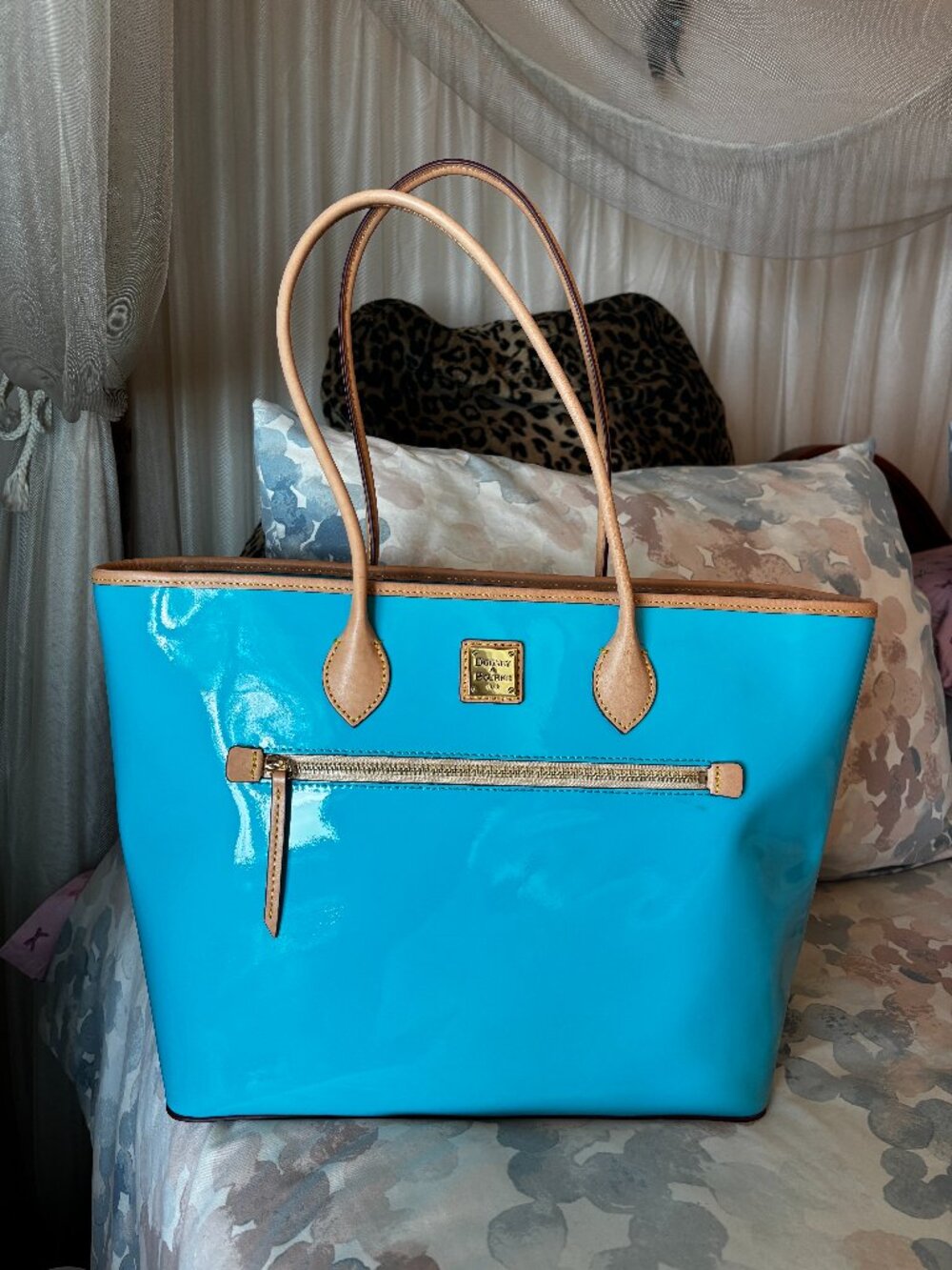 Dooney & Bourke Large Turquoise Sky Patent Leather Tote